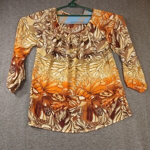 Susan Graver Style Blouse Womens L Orange Butterfly Print Scoop Neck Long Sleeve